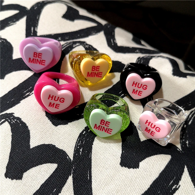

2021 Korean Vintage Harajuku Heart Letter Geometry Acrylic Resin Rings For Women Egirl Y2k Jewelry Aesthetic Friendship Gifts