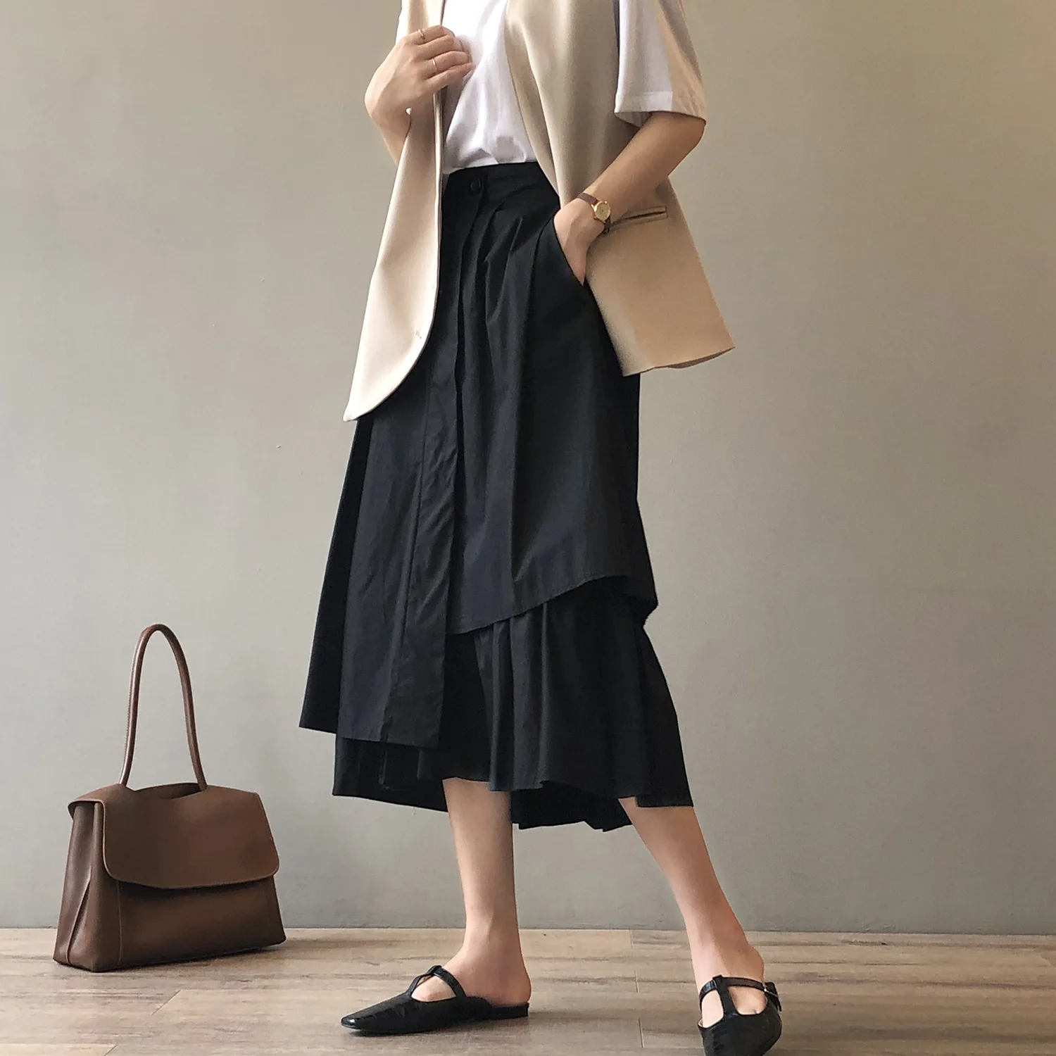 

Женская юбка с завышенной талией, черная трапециевидная классическая многослойная юбка в готическом Корейском стиле, осень