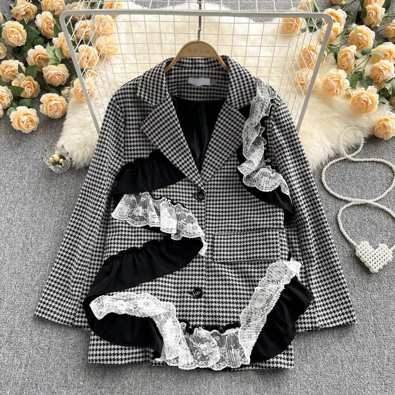 

Black And White Houndstooth Ruffles Jacket Female Spring Asymmetrical Lace Patchwork Plaid Long Sleeve Office Lady Outerwear