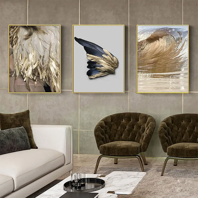 

Luxury Golden Feather Wall Art Canvas Picture Posters and Prints Black and Gold Butterfly Wings Painting for Home Decor Unframed