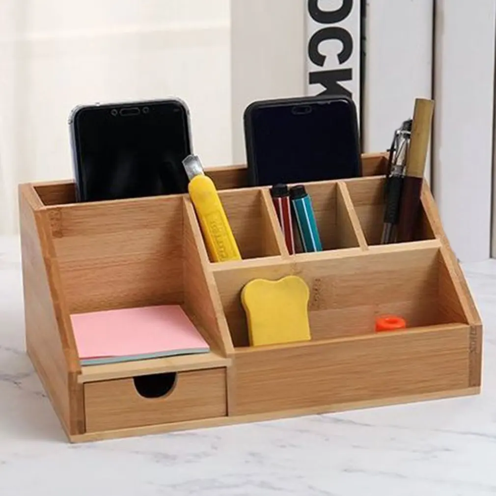 

Bamboo Stationery Organiser Letter Rack Notes Pen Holder Cosmetic Storage Box Pencil Holder Office Storage Box Desk Top Shelf