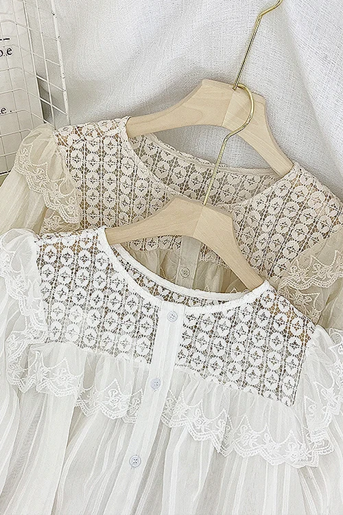 

2021 Spring And Summer New Long Sleeve Foreign Style Design Sense Of Minority Versatile Shirt Ruffle Lace Top Female