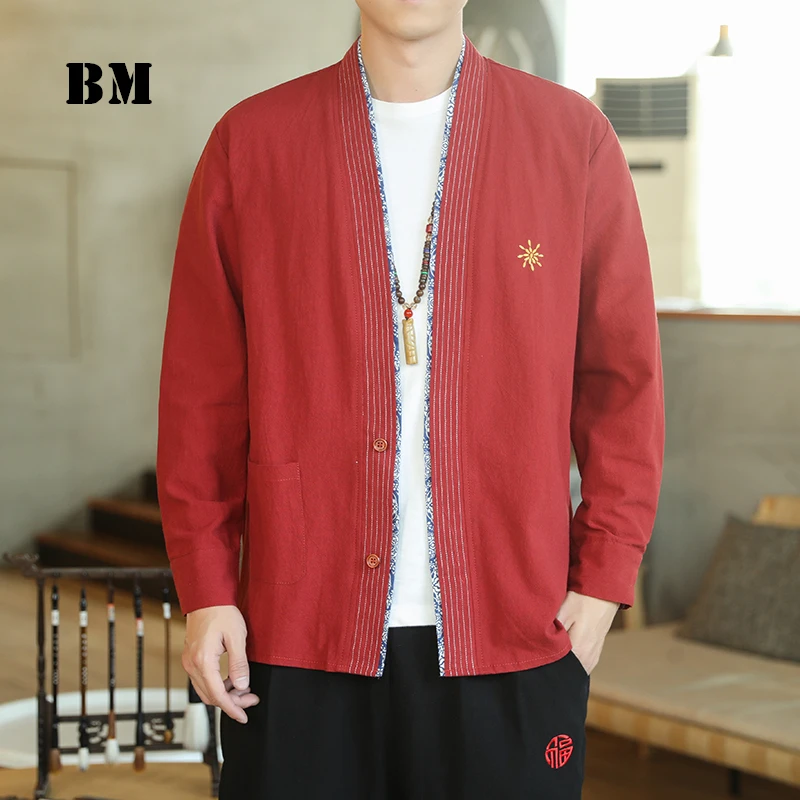 

2021 Spring Retro Style Buddha Cardigan Chinese Style Red Shirt Long Sleeve Casual Hanfu Men Clothing Tang Suit Coat Male