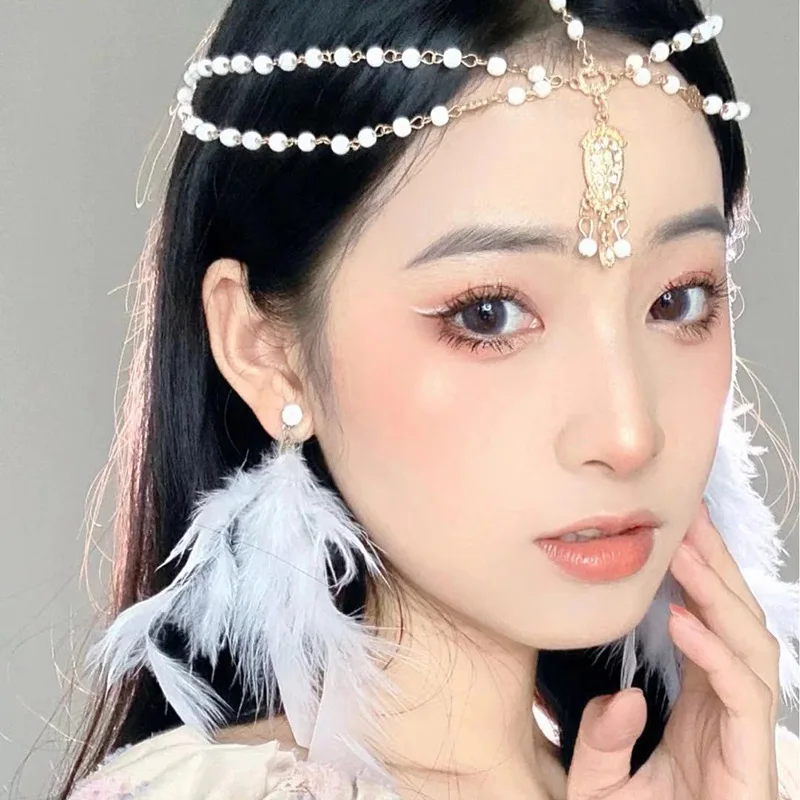 

Bohemian Crystal Bridal headdress tassel pendant Rhinestone chain women's exotic water drop pearl forehead Bridal Hair Band