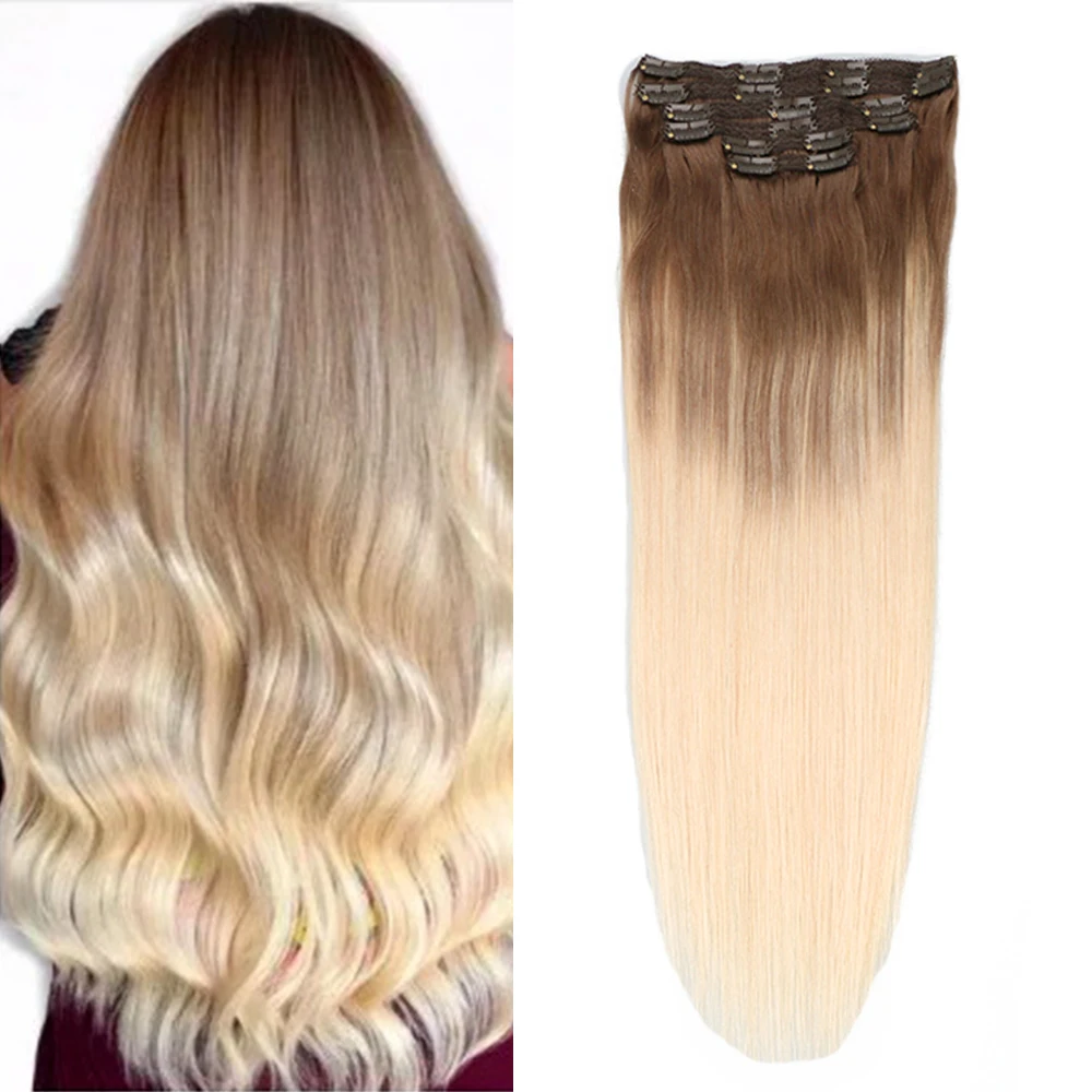 

Toysww Remy Hair Clip In Human Hair Extensions Ombre Balayge Clip in Straight Hair Extensions 100g 120g