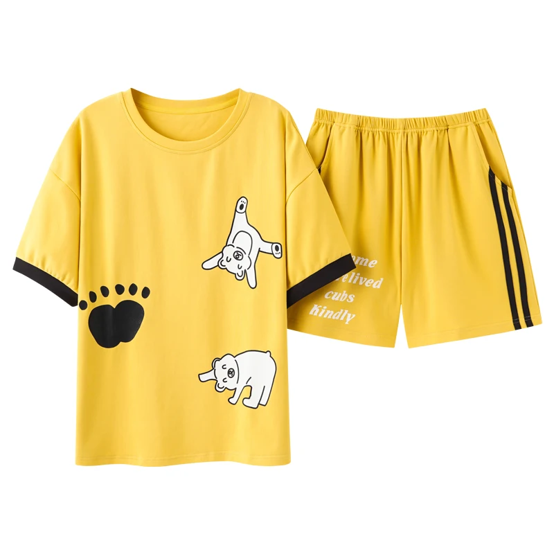 

For Women Cotton Korean Kawaii Girls Sleepwear Soft Yellow Short Sleeve Homewear Female Summer Fashion Funny Cartoon Pajamas Set