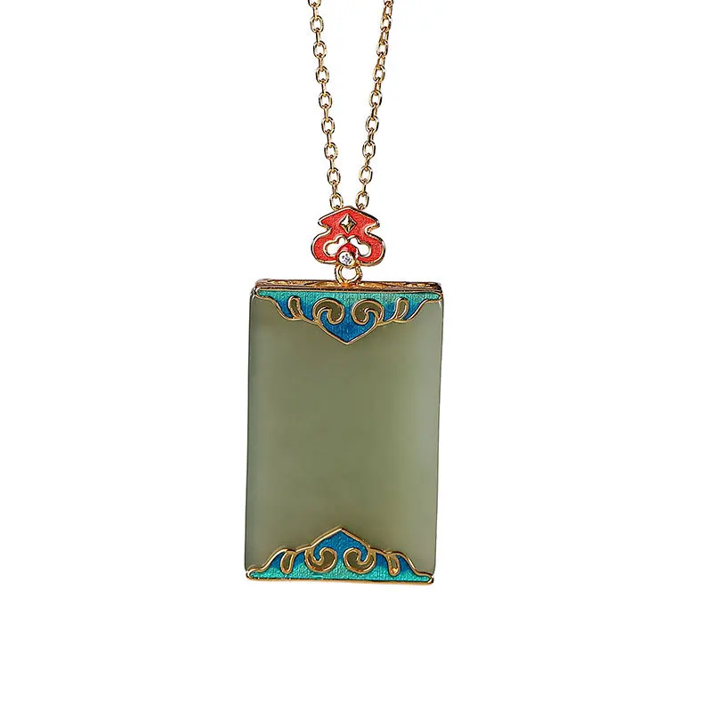 

S925 sterling silver gold-plated natural Hetian Jade Gray Jade vintage cloisonne enamel auspicious cloud lucky pendant