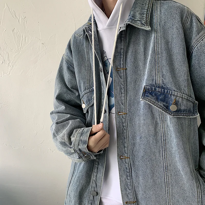 

Men Jean Jackets Light Blue Vintage Denim Jacket Male High Street Loose Couple Casual Solid Color Jacket Size S-2XL Outdoor Wear