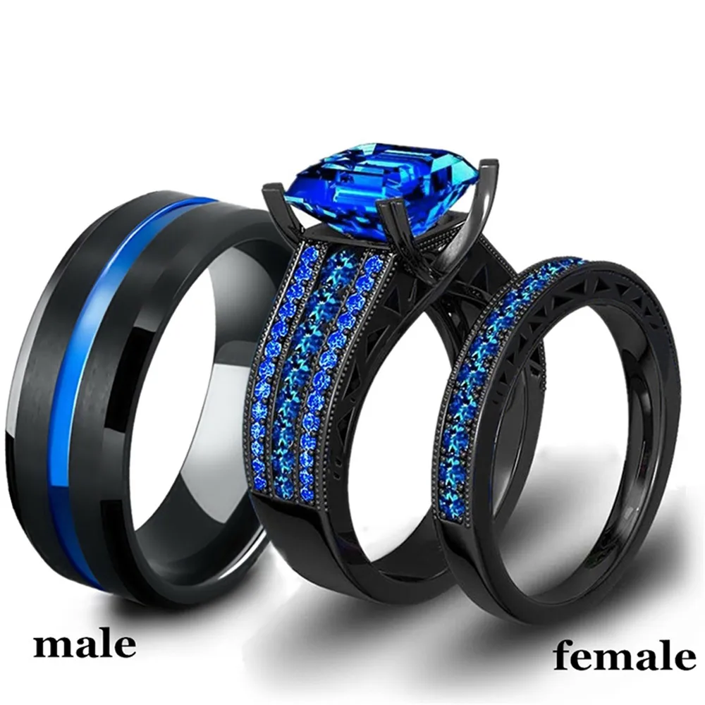 

Black Gold Stainless Steel Couple Blue Crystal Women's Three Rows Stone Princess Bridal Wedding Engagement Ring