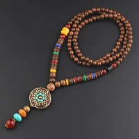 handmade buddhist wood beads round pendant necklace long ethnic necklace nepal jewelry women men accessories