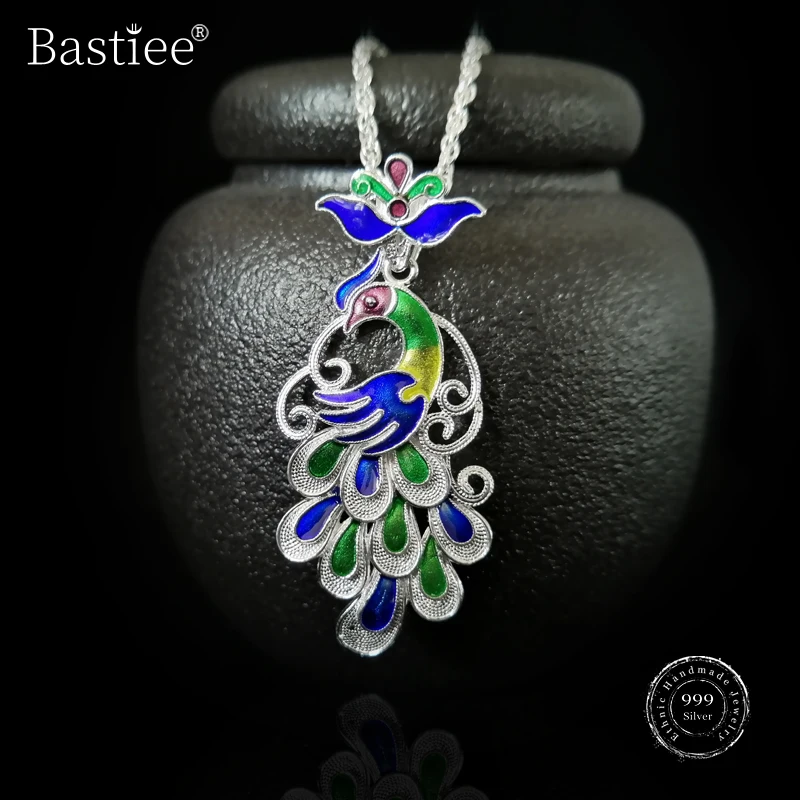 

Blue Peacock 999 Silver Sterling Pendant For Women Necklace Cloisonne Enamel Luxury Jewelry Chakra Pendants Handmade Jewellery