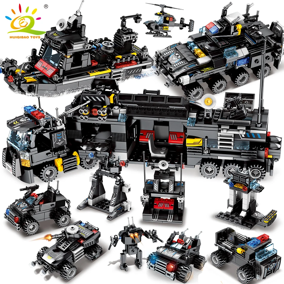 

695PCS 8in1 Military Building Blocks Command Truck SWAT Police Helicopter Boat Truck Bricks