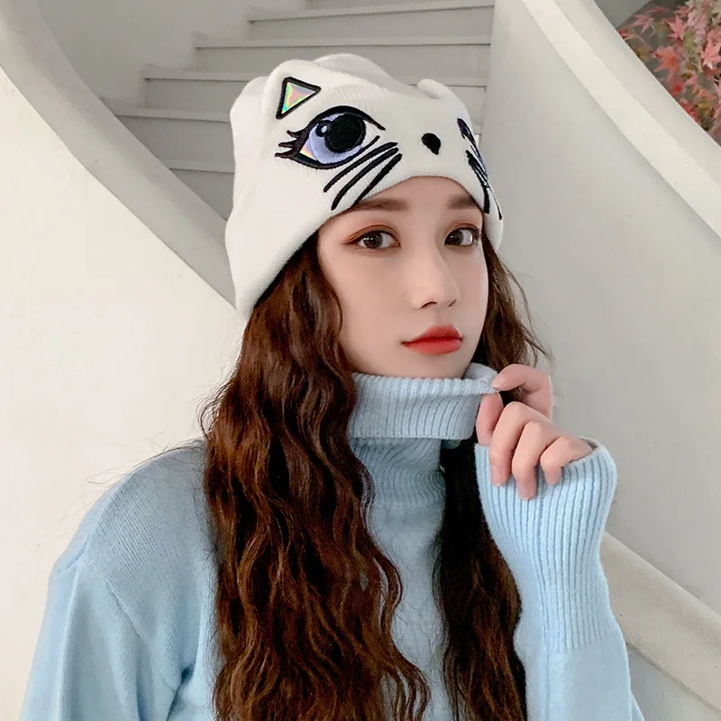 

Women Winter Beanie Hat Wool-Cap Skullies Embroidery Cute Cat Ear Female Knitted Hat Brand Young Student Casual Warm Hat