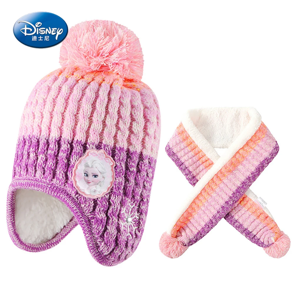 

Winter Two-piece Ear Protection Disney Cartoon Printed Kids Woolen Children Scarf Warm Cap Pompon Decorated Baby Girls Beanie