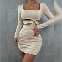 solid color autumn new hollow fold temperament package hip skirt female short skirt 2021 sexy square collar long sleeved dress