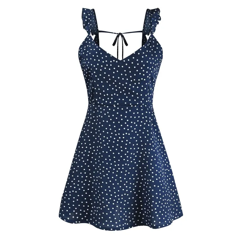 

Women Dresses Summer 2021 Sexy Dress Ladies High Waist Dot Printing Mini Dresses Vestidos Back Lacing Straps Backless Dress