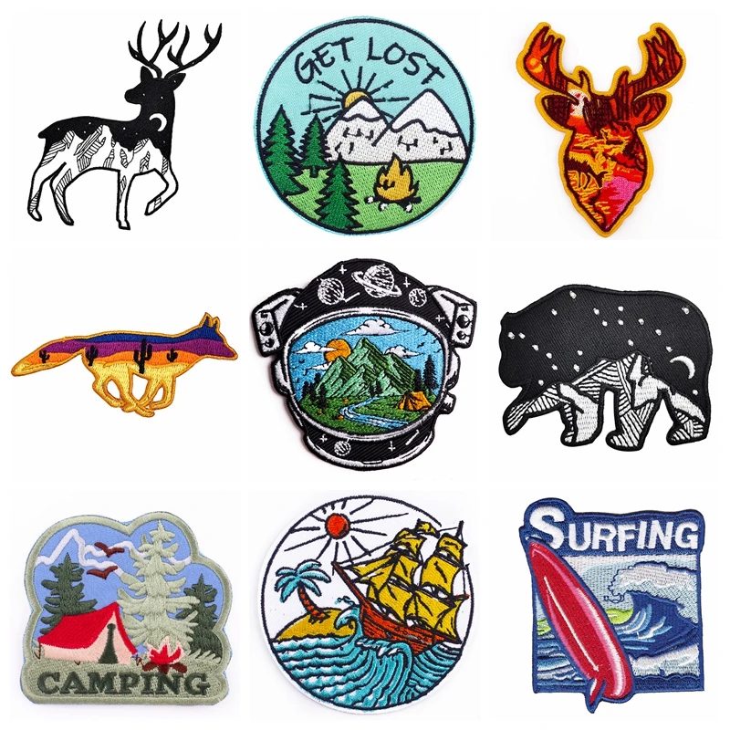 

Wilderness Patch Stripe Badge Embroidery Patches On Clothes Animal Patch Iron On Patches For Clothes Applique Stickers DIY Decor