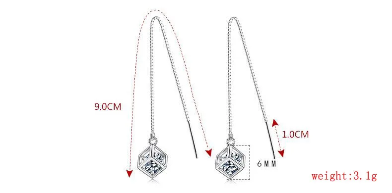 Женские серьги-подвески квадратной формы серебристые сережки с фианитом 0 5