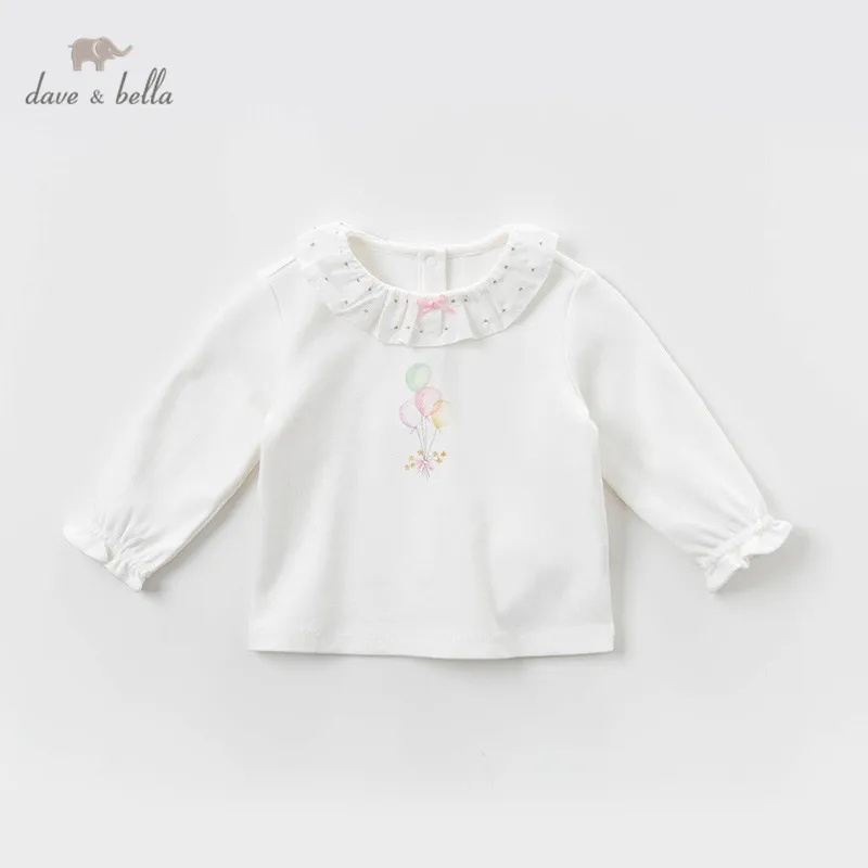 DBJ13454 dave bella spring baby girls cartoon bow ruched T-shirt children long sleeve tops cute pullover kids fashion tees | Детская