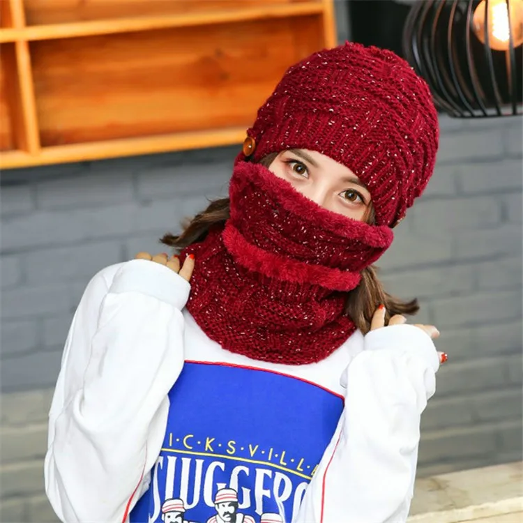 Женская зимняя шапка шарф вязаный толстый маска набор для катания на лыжах