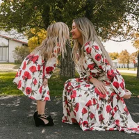 2021 mom and daughter floral long sleeve dress clothes family look matching outfits wedding party mommy and me long dresses 5 12