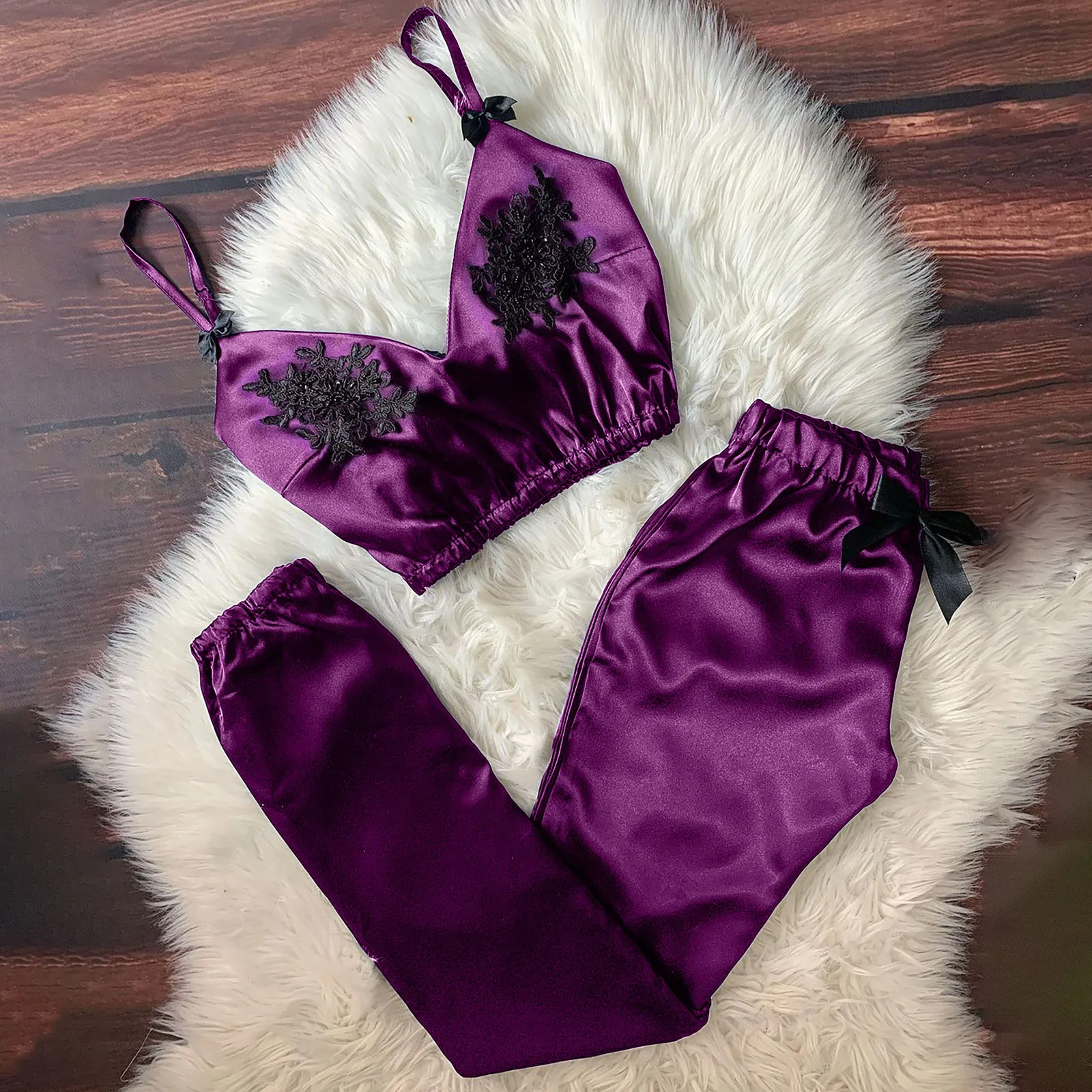 

Beaded Camisole And Pants Women Sexy Pajamas Set V-Neck Eyelash Lace Sexy Bra Top Bowknot Pyjamas Set Pijama Backless Home Suit