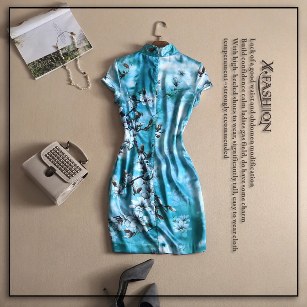 

Fashionable Women Floral Print Slim Fit Cheongsam Dress Chinese Style Stand Collar Buckle Sexy Short Qipao