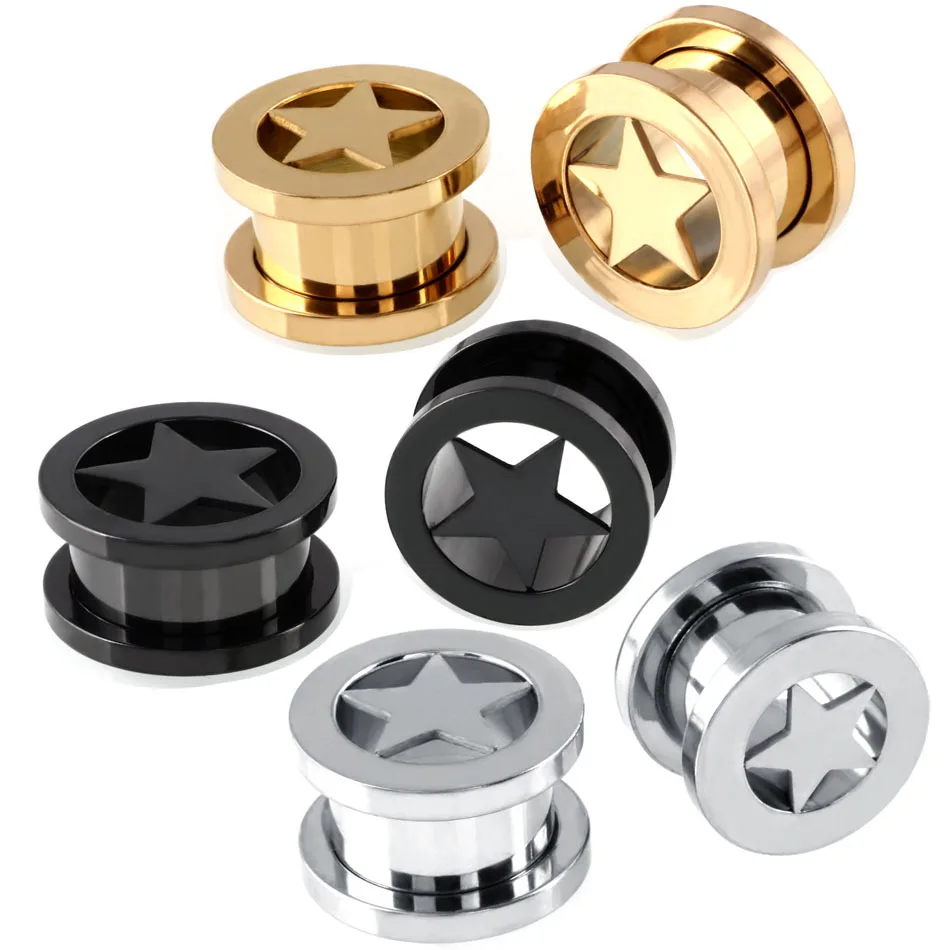 

2pc 6-16mm Stainless steel Anodized Screw On Hollow Star Tunnels Ear Plugs Earlets Expander Gauges Body Piercing Jewelry