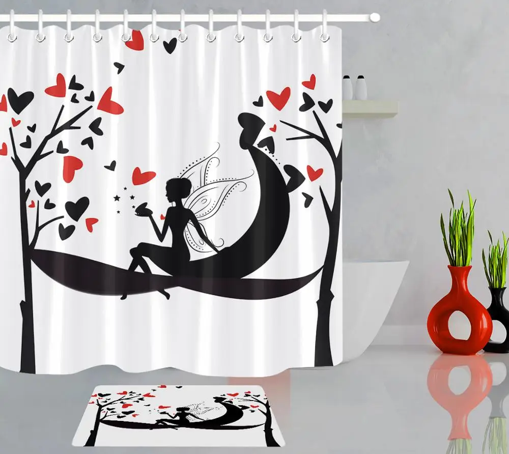 Занавеска для душа с красными сердечками черно-белая сказочная занавеска