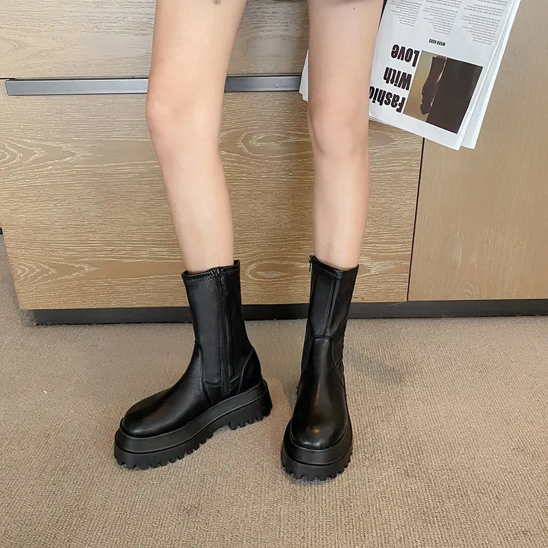 Сапоги женские до середины икры на шнуровке платформе повседневная нескользящая