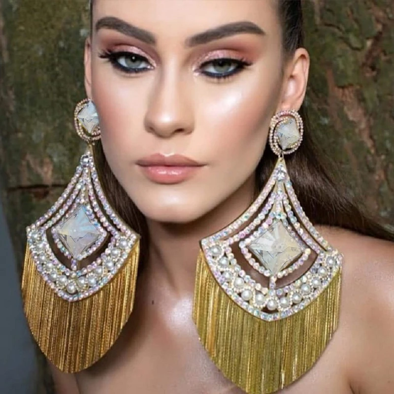 

Yulaili 2019 Newest Fashion Earrings European Design Luxury Crystal Imitation Pearl Big Dangle Tassel Earrings Women Gifts