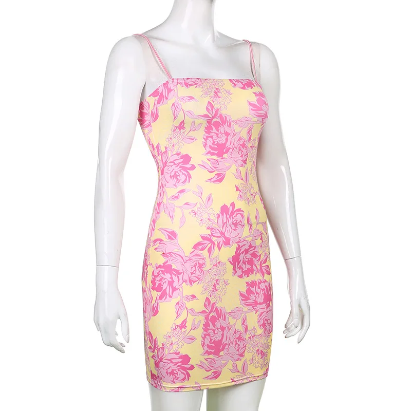 

Floral Printed Summer Dress Sexy Spaghetti Strap Women Bodycon Dresses Pink Mini Dress Female Party Beach Holiday Vestido 2021