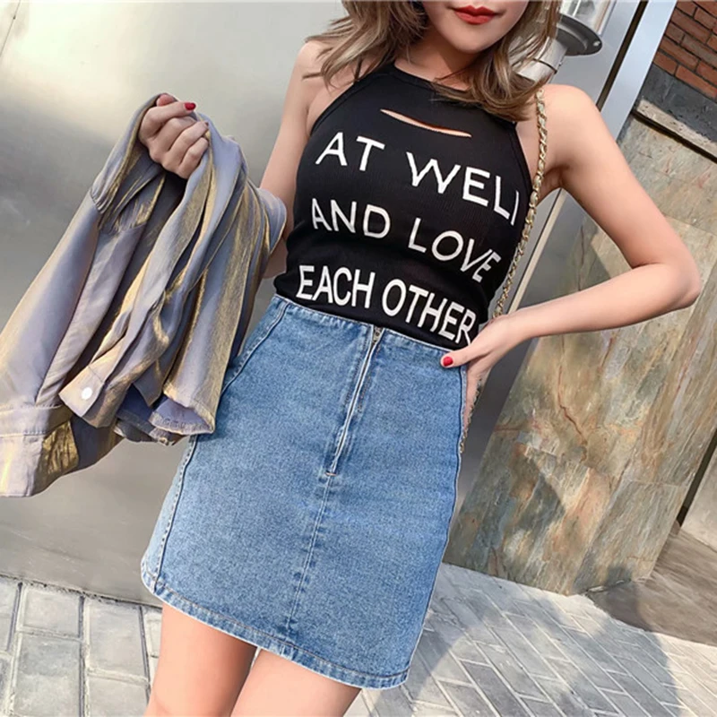 

2021 New Summer street fashion solid color front middle zipper denim skirt women, high waist was thin denim bag hip skirt women