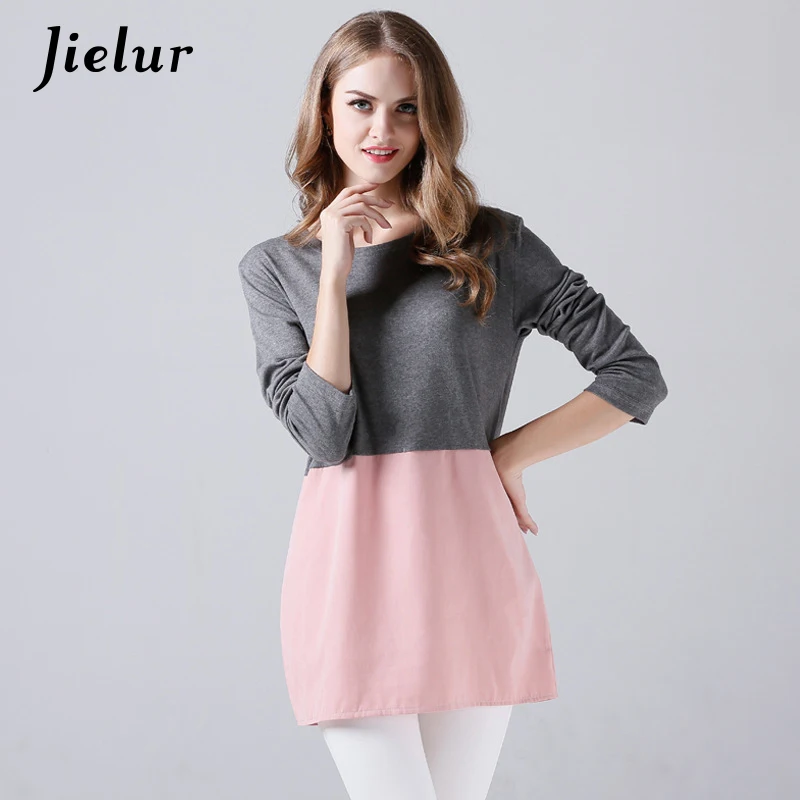 

Jielur осенние модные свободные женские топы M-XL повседневные хитовые цветные лоскутные футболки с круглым вырезом и длинным рукавом женская ф...
