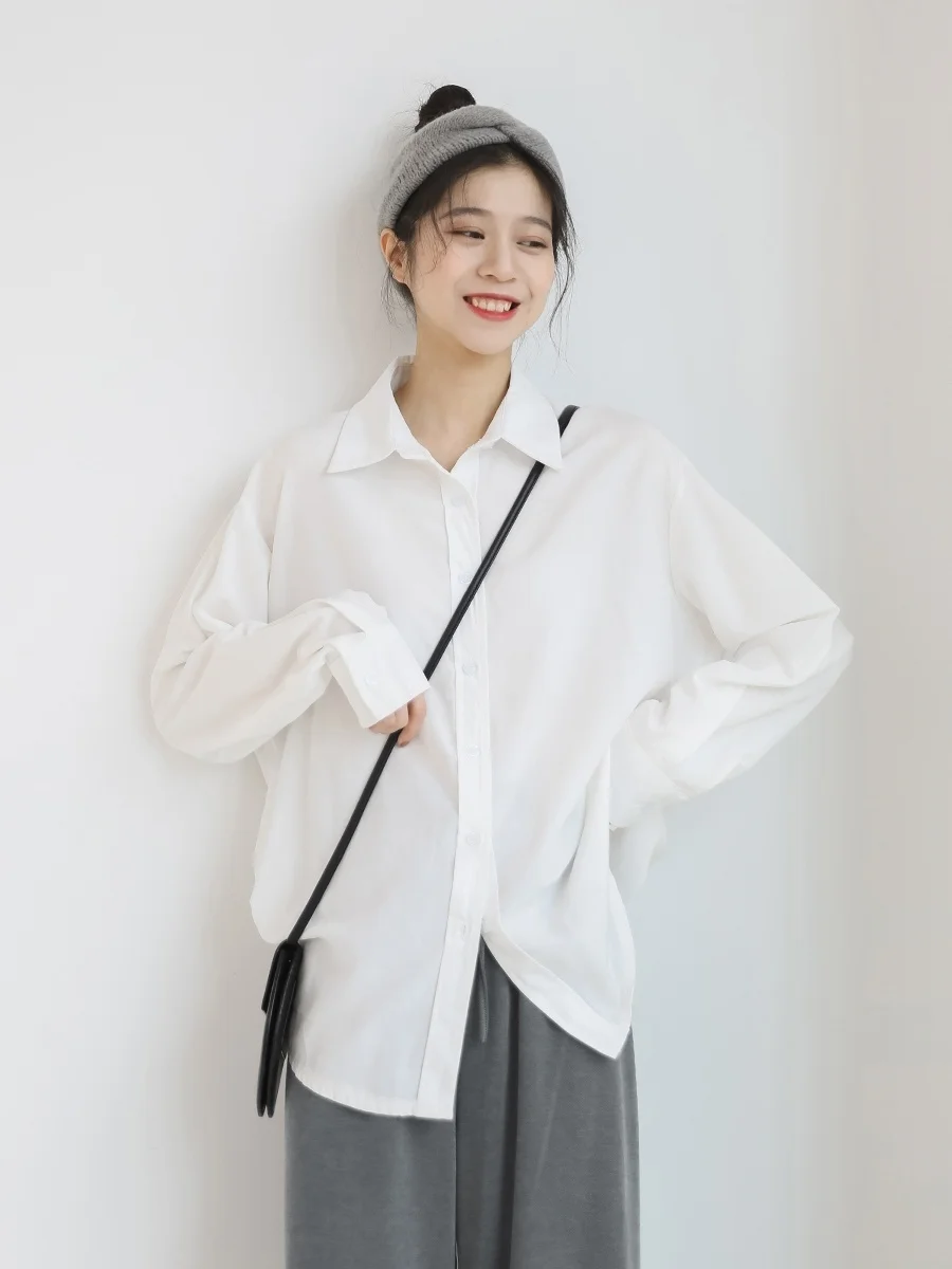 

Button Up Shirt Women White Overlay Bottom Inside And Outside Wear Long Sleeved Shirt Top Women's Basic Style Loose And Blue