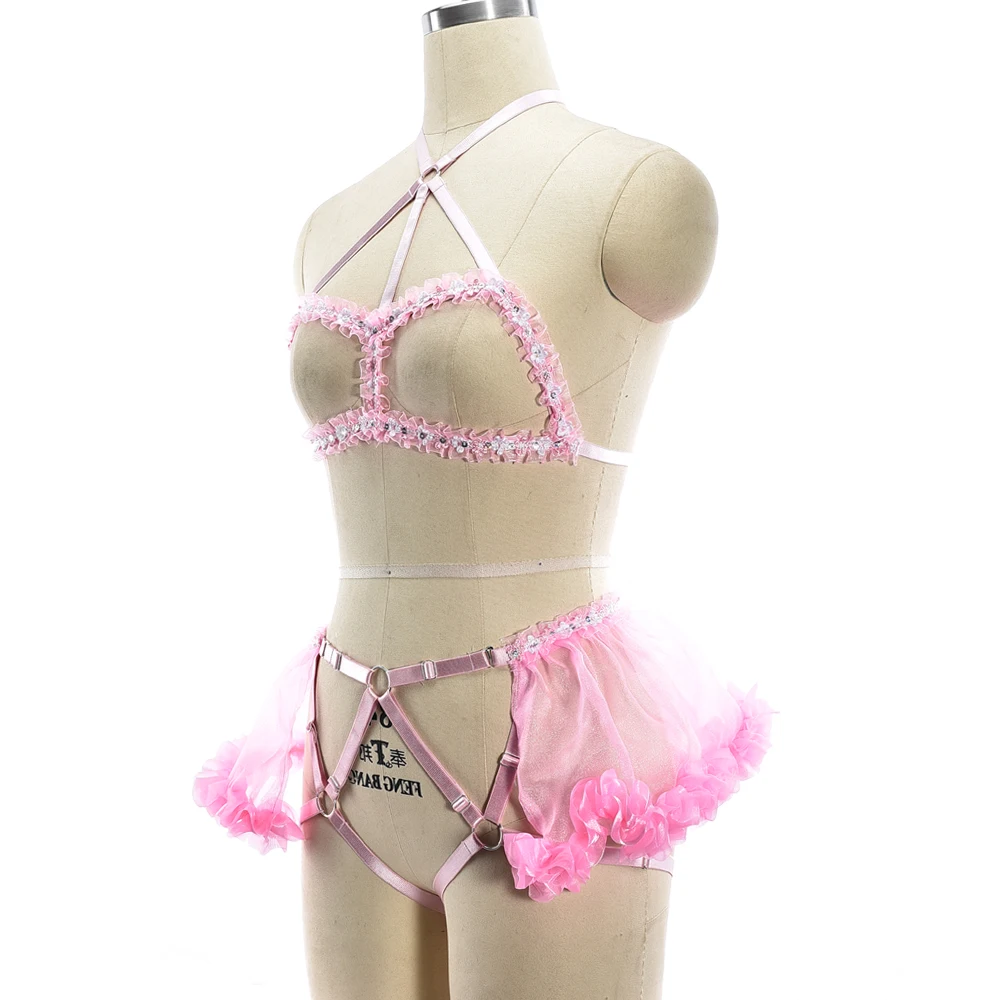 Оригинальный дизайн розовая фотография боди-клетка бюстгальтер пояс бондаж