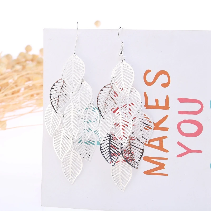 

Gold And Silver Multi-layer Hollow Leaf Earrings Long Earrings Fashion Plant Design Leaf Pendant Earrings Exquisite Jewelry Gift