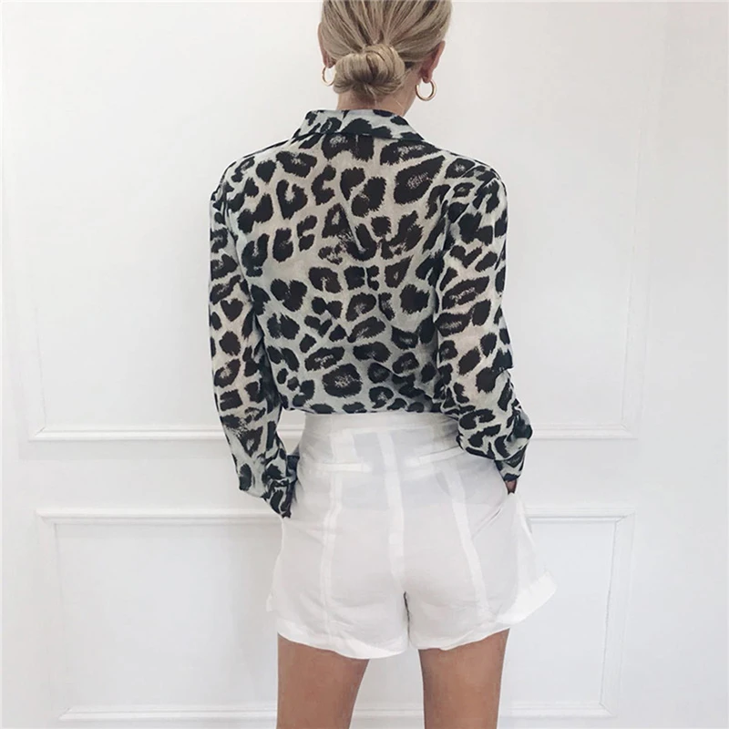 

2021 Autumn Casual Women Blouse Top Office Lady Deep V Neck Leopard Print Fitted Long Sleeve Tops