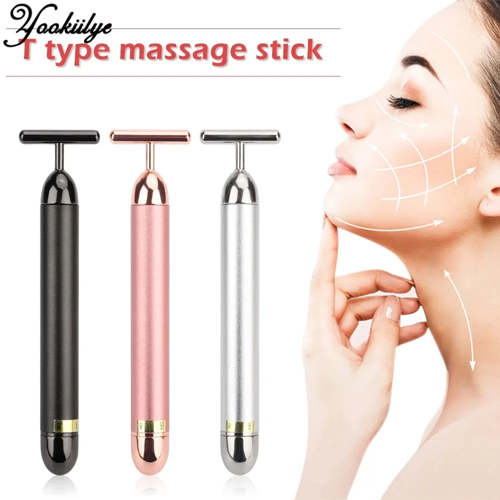 

24K Gold Energy T-shape Facial Beauty Bar Vibrating Facial Massage Roller Face Lift Slimming Tightening Anti Aging Wrinkle Stick