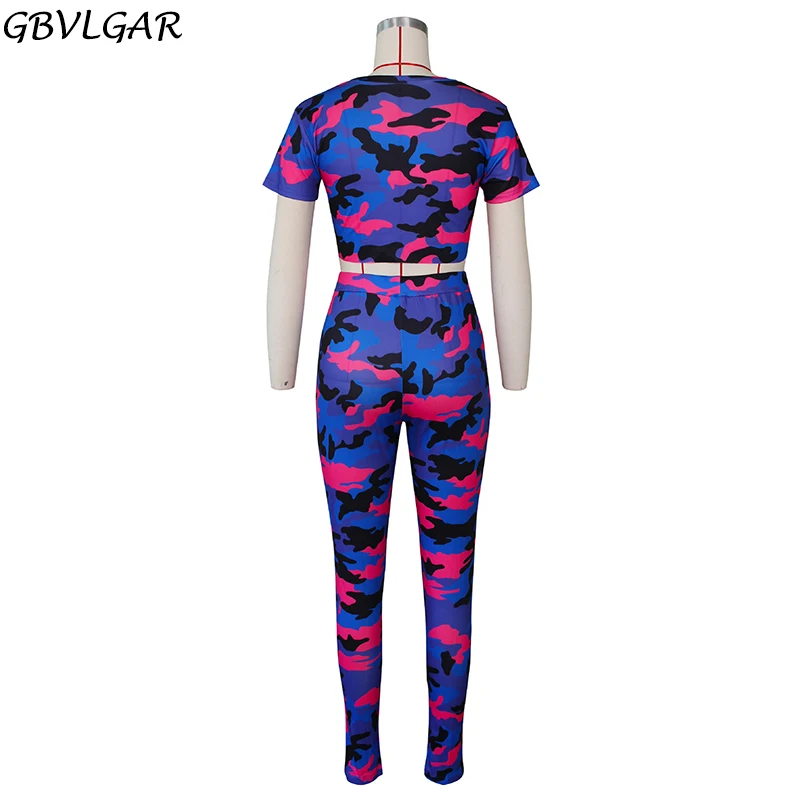 

2021 Camo Print Hole Two Piece Set Tracksuit O Neck Short Sleeve Hollow Out Crop Top Pencil Pants Fashion Suit Sporty Outfits