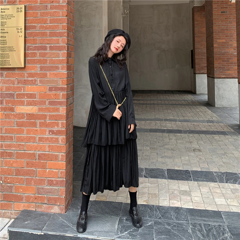 Women Solid Dress Harajuku Pleated Ladies Midi Casual A-Line Chic Fashion High Waist Turn-down Collar Sweet | Женская одежда