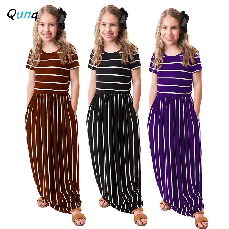 

Striped Long Style Girls Dress Summer Casual Cotton Kids Clothes for Girls O-neck Children Holiday Beach Dresses 2020 New Style