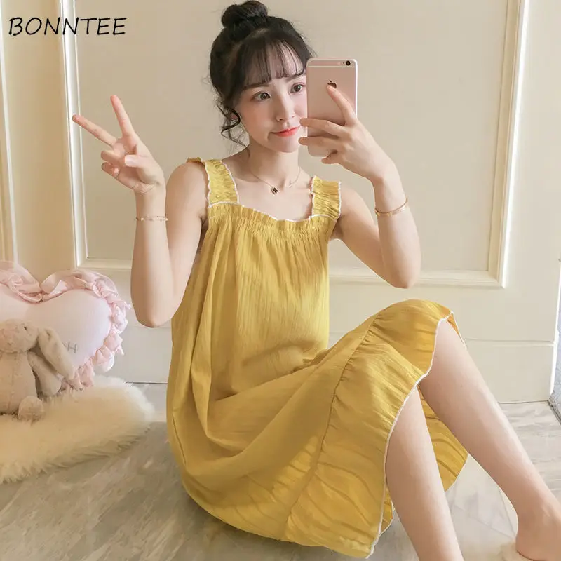 

Nightgowns Women Summer Spaghetti Strap Knee Length Ruffles Sleeveless Solid Cotton Womens Sweet Girls Loose Sleepwear Female