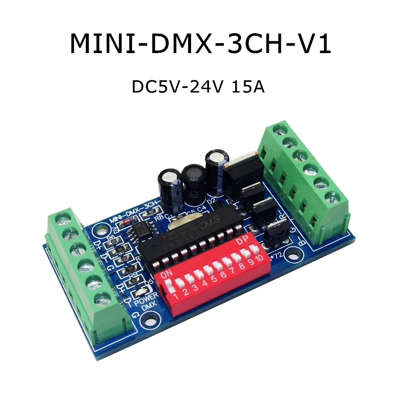 

3CH легкий DMX светодиодный контроллер RGB DMX512 декодер 3 канала 1 группа светодиодный светильник Модуль DC5V-24 15A MINI-DMX-3CH-V1 консоль