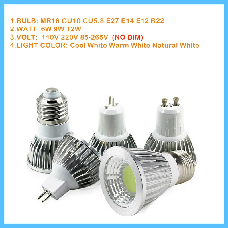 

Точечный светильник MR16 GU10 GU5.3 E27 E14 E12 B22 COB без приглушения яркости 85-265 в 12 В теплый естественный белый Домашний Светильник лампа для спальни