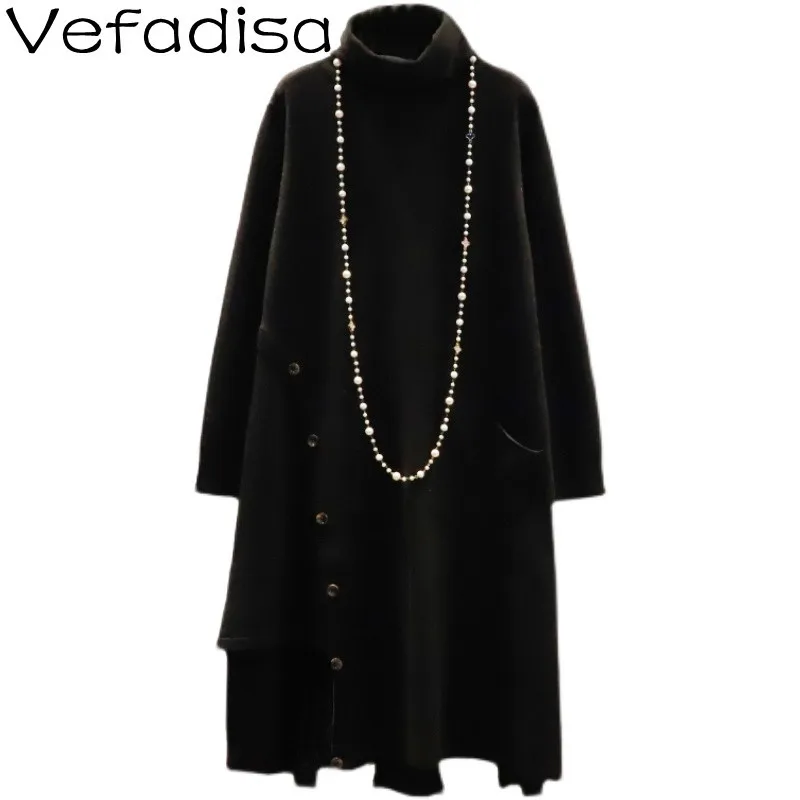 

Vefadisa Fashionable And Simple Hem Button Split Design Pullover Sweater2022Spring Fashion High Neck Long Knitted Sweater TT967