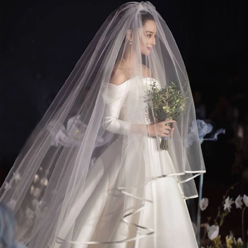 

Women White Ivory Two Layers Wedding Veil 3 M Satin Ribbon Edge Mantilla Bridal Wedding Accessories