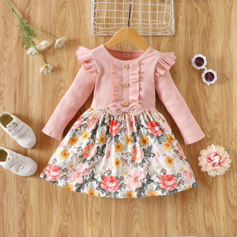 

Spring Fall Kids Dresses for Girls Ruffles Bow Flower Long Flying Sleeve Girl Dresses Sweet Kids Clothes Big Girls Clothes 1-6Y