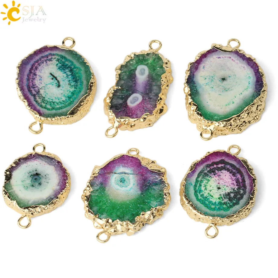 Разноцветный коннектор из натуральных кристаллов CSJA золотистый ободок плоские