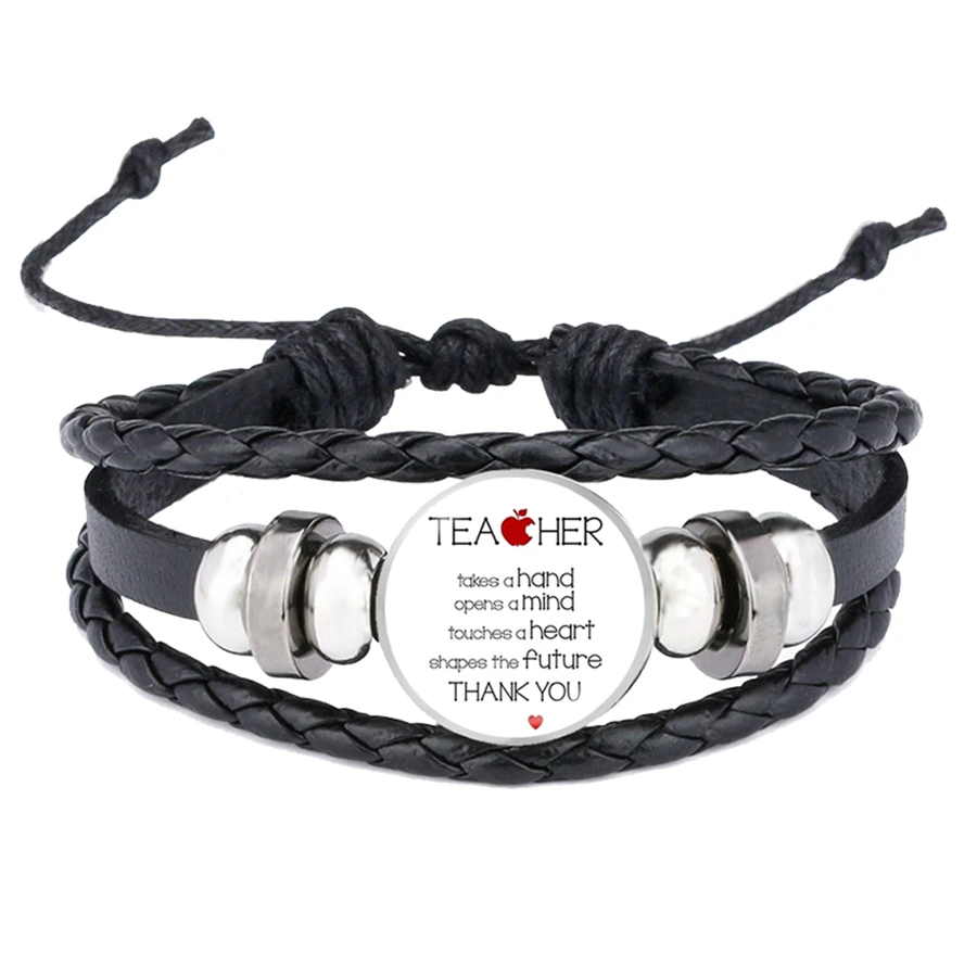 Super Teacher Bracelets Teaching Is A Work of Heart Glass Gems Leather Bracelet Teacher's Day Gift Snap Button Jewelry | Украшения и